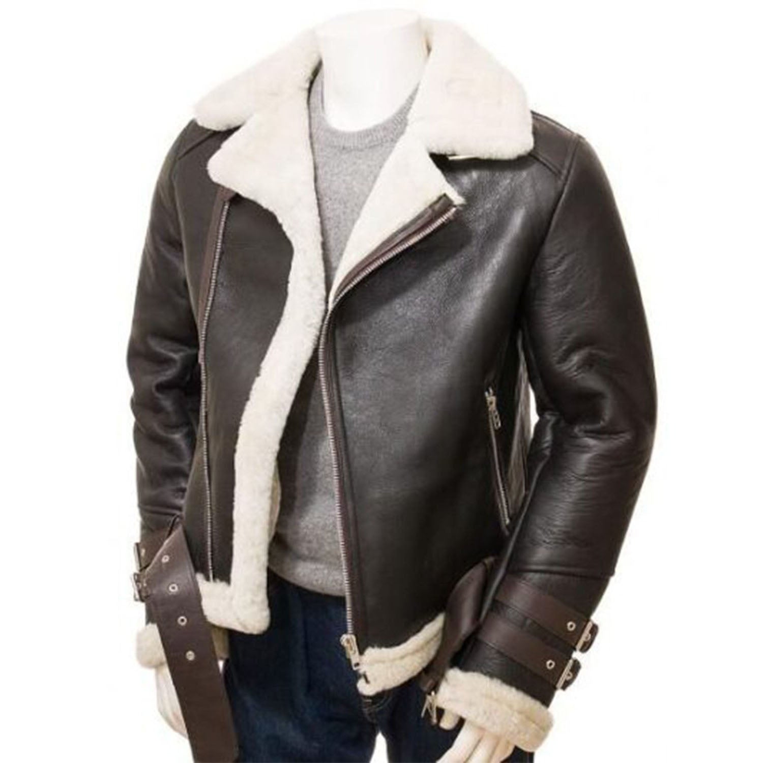 Men's Cross Zip Aviator Faux Shearling Leather Jacket