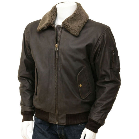 Men's Dark Brown Detachable Collar Aviator Leather Jacket