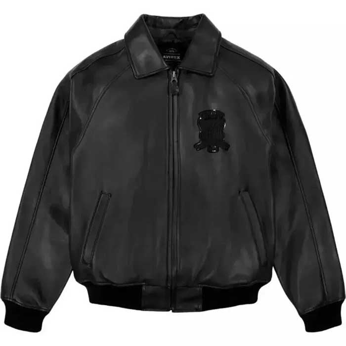 Mens Black Avirex Real Leather Bomber Jacket with Rib Knit Cuffs
