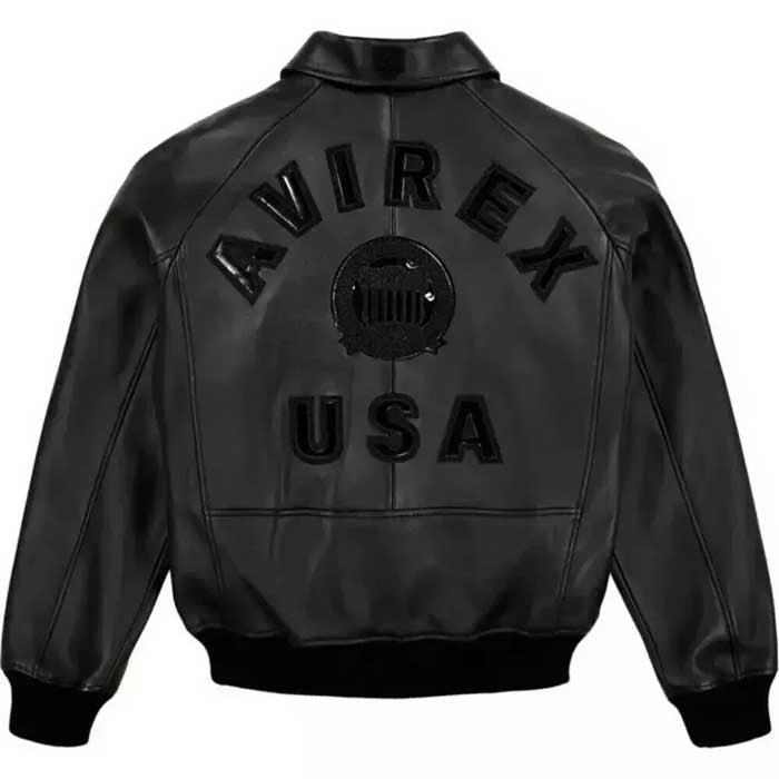 Mens Black Avirex Real Leather Bomber Jacket with Rib Knit Cuffs