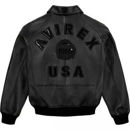 Mens Black Avirex Real Leather Bomber Jacket with Rib Knit Cuffs