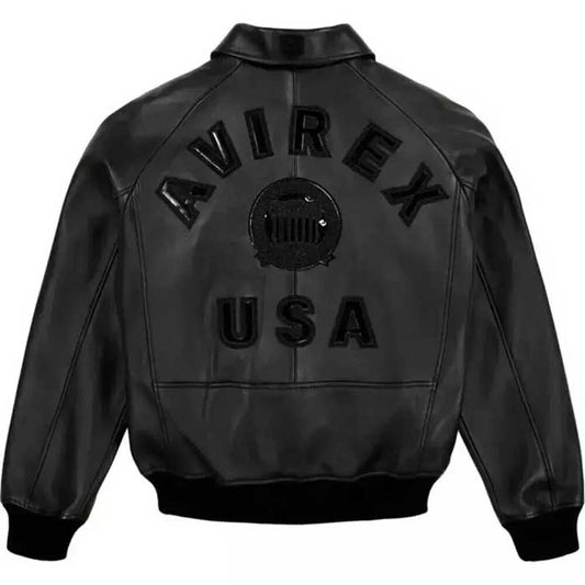 Mens Black Avirex Real Leather Bomber Jacket with Rib Knit Cuffs
