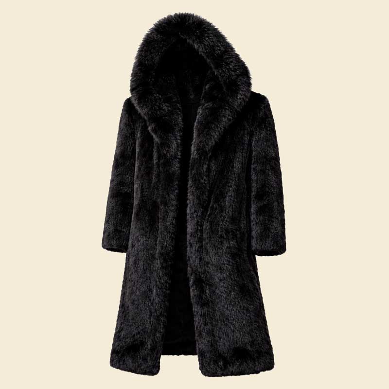 Mens Black Faux Fur Long Coat with oversized hood