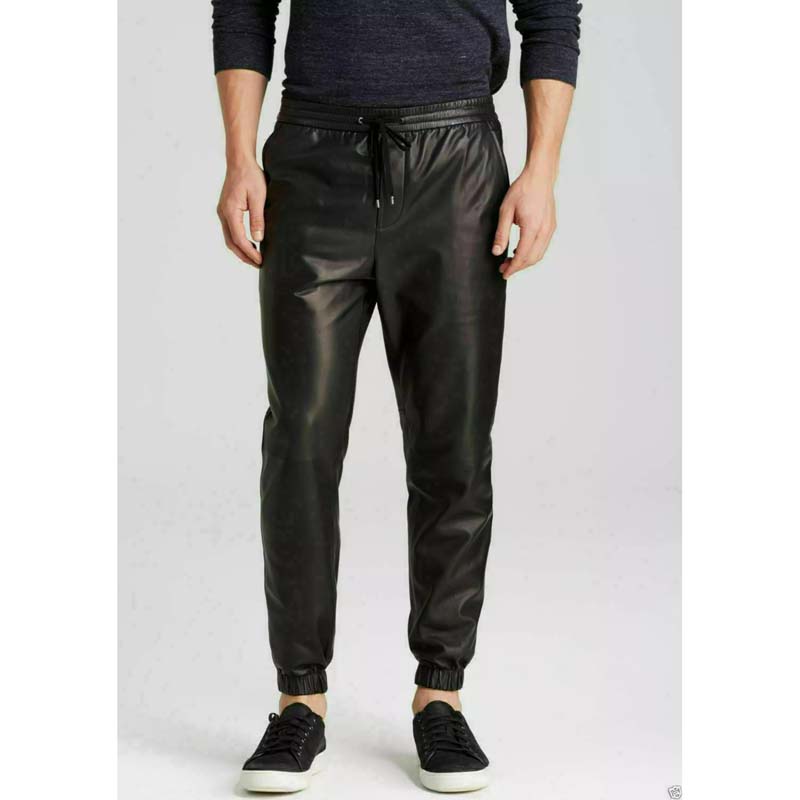 Mens Black Genuine Lambskin Leather Jogger Pants