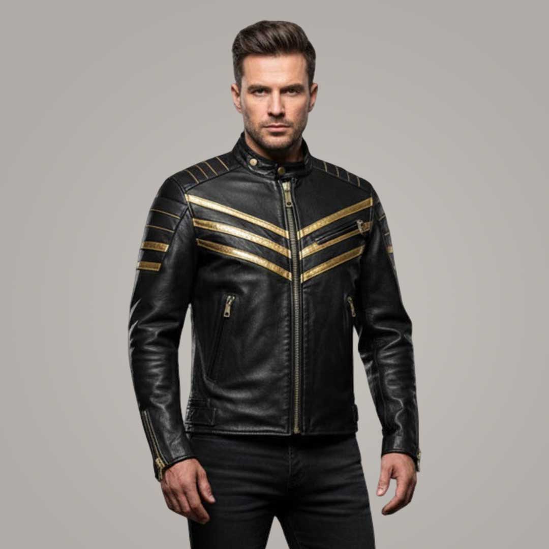 Bold Mens Black Leather Cafe Racer Jacket with Gold Stripes