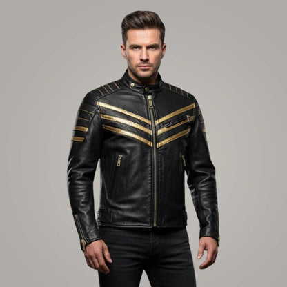 Bold Mens Black Leather Cafe Racer Jacket with Gold Stripes
