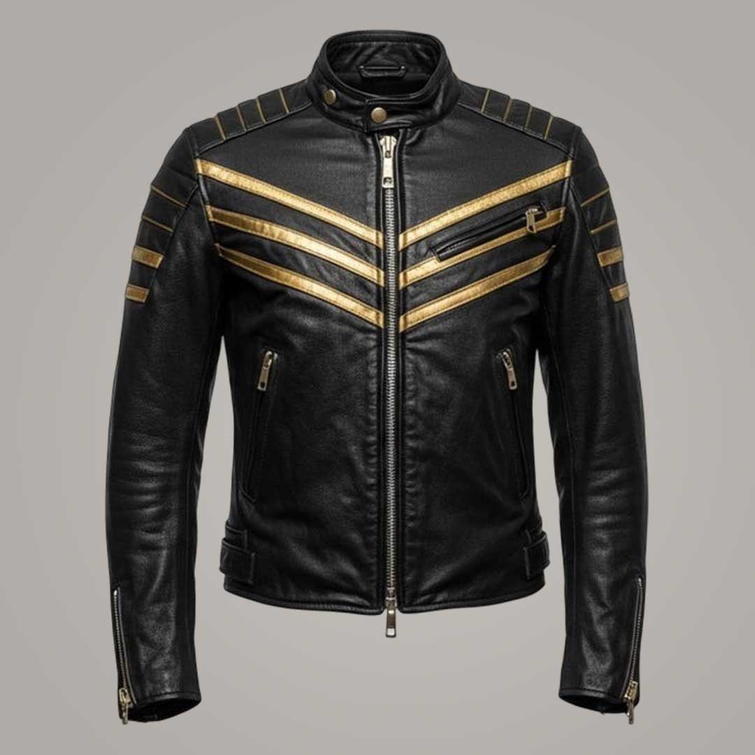 Bold Mens Black Leather Cafe Racer Jacket with Gold Stripes