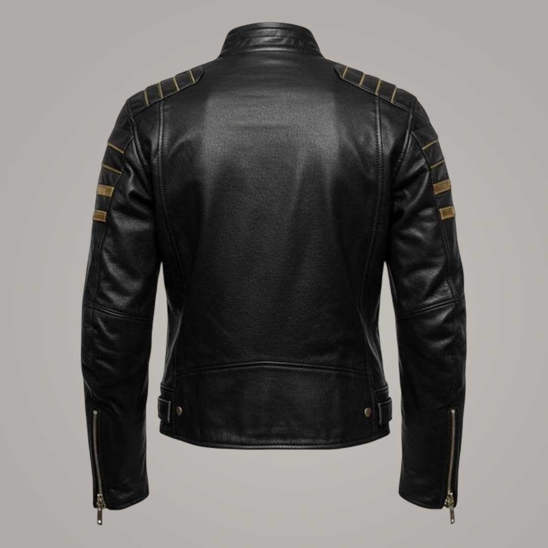 Bold Mens Black Leather Cafe Racer Jacket with Gold Stripes