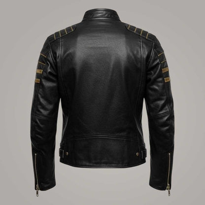 Bold Mens Black Leather Cafe Racer Jacket with Gold Stripes