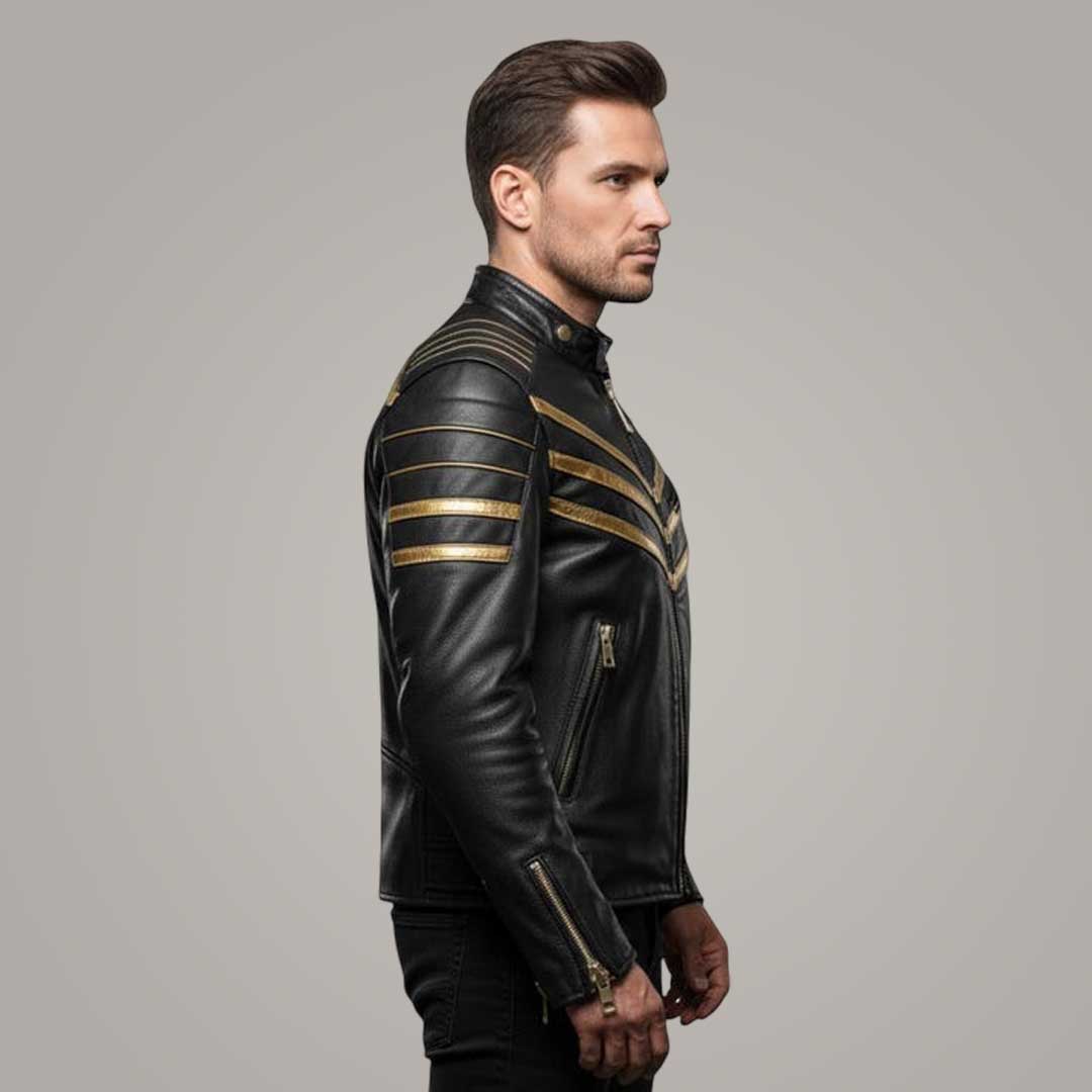 Bold Mens Black Leather Cafe Racer Jacket with Gold Stripes