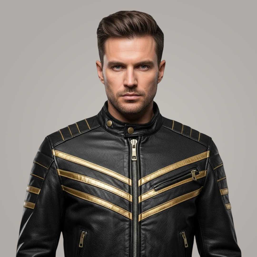 Bold Mens Black Leather Cafe Racer Jacket with Gold Stripes