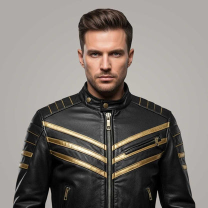 Bold Mens Black Leather Cafe Racer Jacket with Gold Stripes