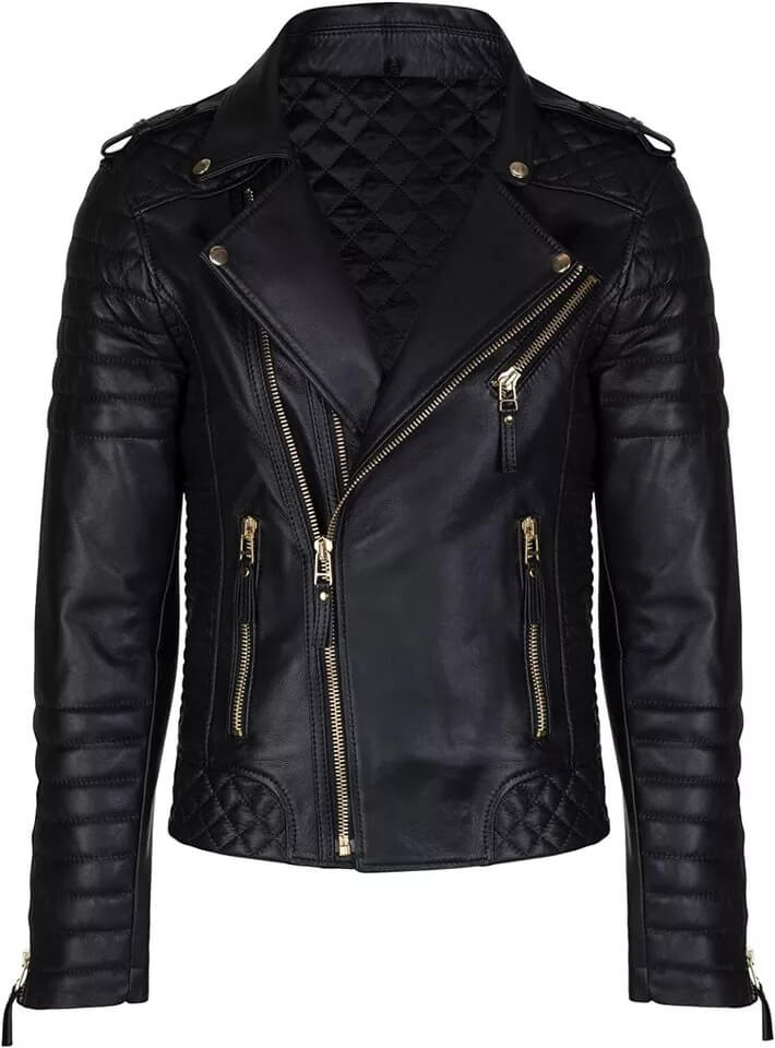 Mens Black Leather Cafe Racer Quilted Biker Jacket