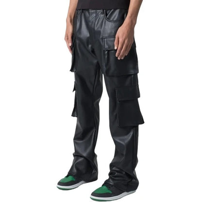 Men’s Black Leather Cargo Trousers with Four Flap Pockets