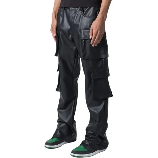 Men’s Black Leather Cargo Trousers with Four Flap Pockets