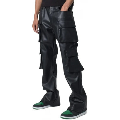 Men’s Black Leather Cargo Trousers with Four Flap Pockets