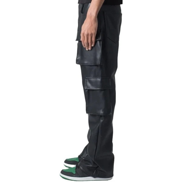 Men’s Black Leather Cargo Trousers with Four Flap Pockets