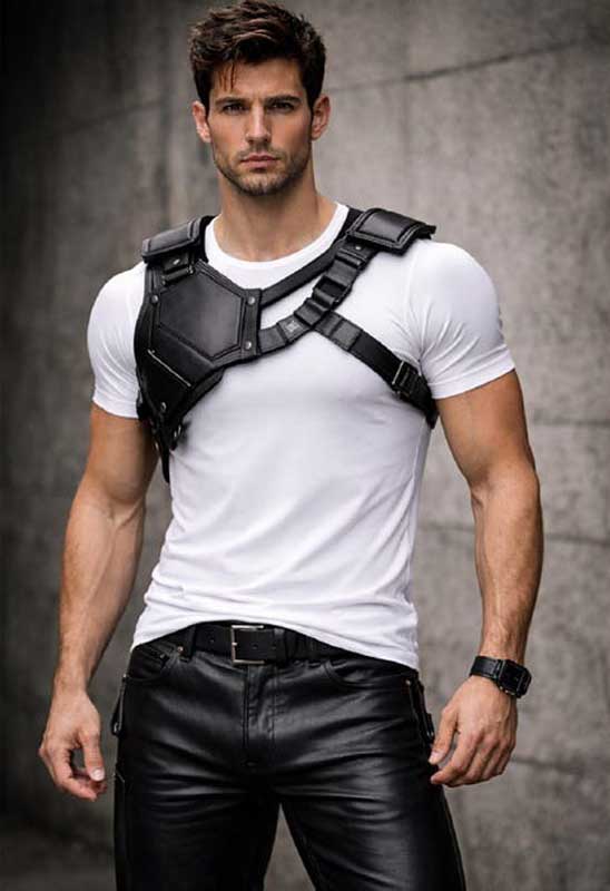 Mens Black Leather Futuristic Shoulder Harness