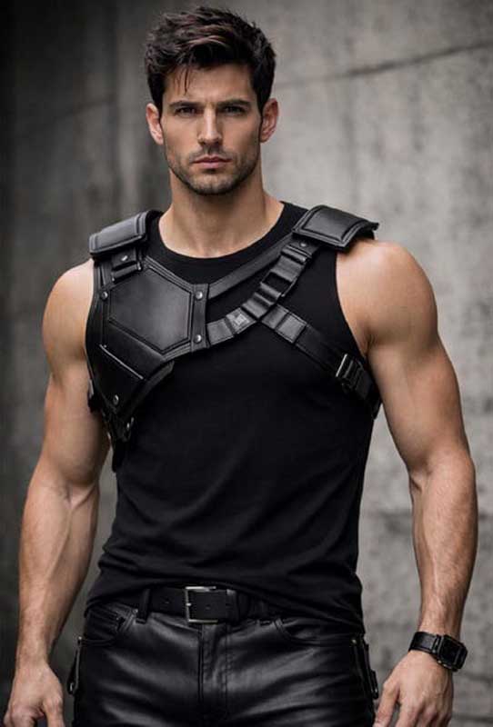 Mens Black Leather Futuristic Shoulder Harness