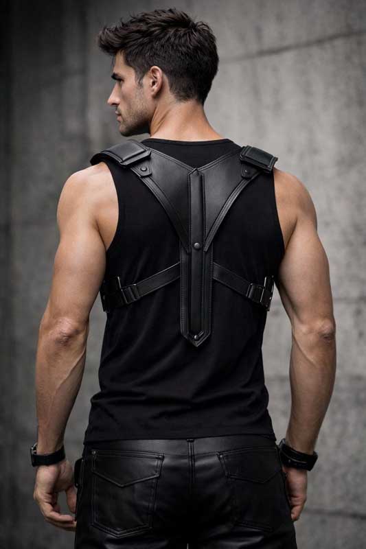 Mens Black Leather Futuristic Shoulder Harness