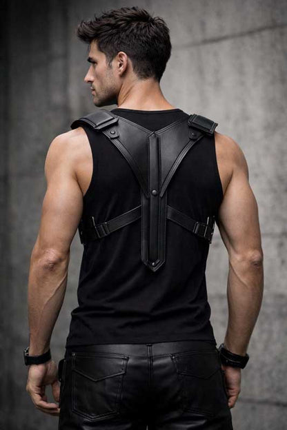 Mens Black Leather Futuristic Shoulder Harness