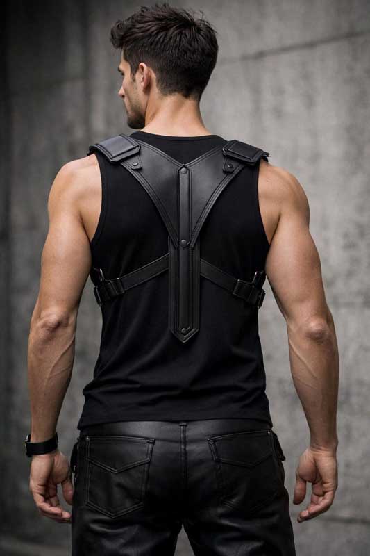 Mens Black Leather Futuristic Shoulder Harness