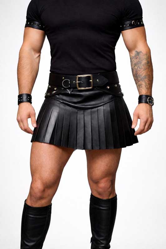 Mens black leather gothic kilt with belt front view