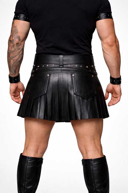 Black pleated leather kilt for men alternative fashion