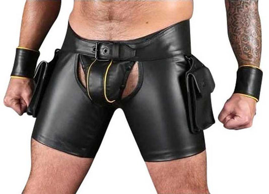 Mens black leather open front fetish shorts front view