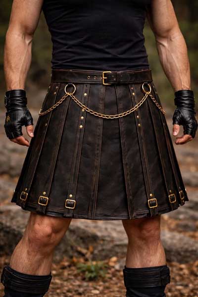 Mens Black Leather Utility Gothic Chain Kilt