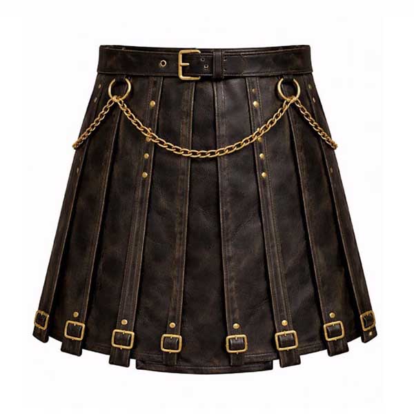 Mens Black Leather Utility Gothic Chain Kilt