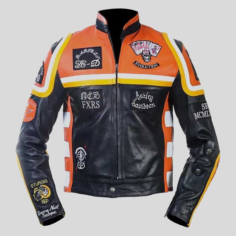 Men's Black Orange Cowhide Leather Biker Jacket with Armor