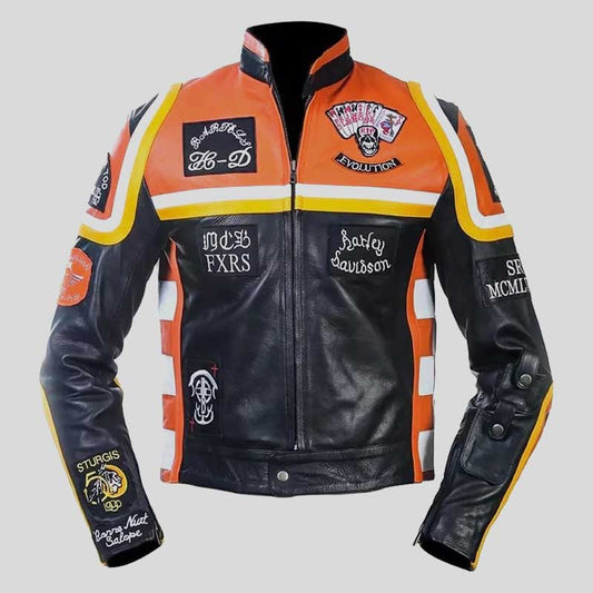 Men's Black Orange Cowhide Leather Biker Jacket with Armor