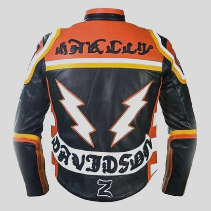 Men's Black Orange Cowhide Leather Biker Jacket with Armor