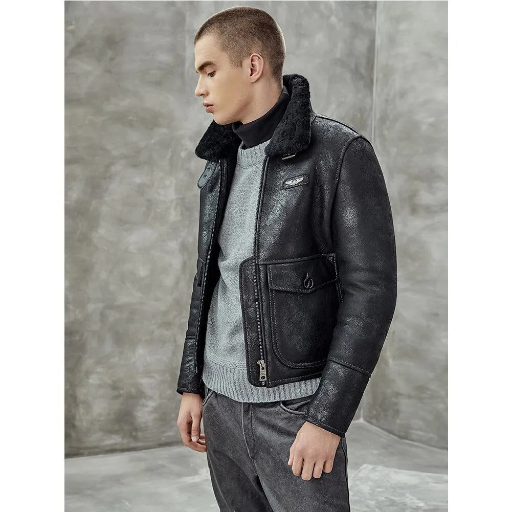 Men's Black Shearling Lapel Jacket - Short B3 Bomber Leather Coat