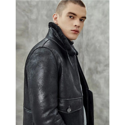 Men's Black Shearling Lapel Jacket - Short B3 Bomber Leather Coat