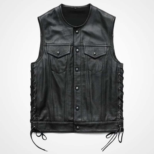 Men's Black Sheepskin Leather Biker Vest