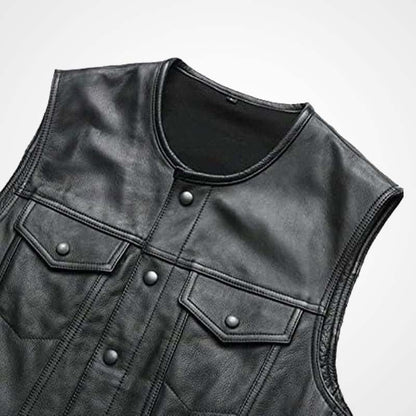 Men's Black Sheepskin Leather Biker Vest