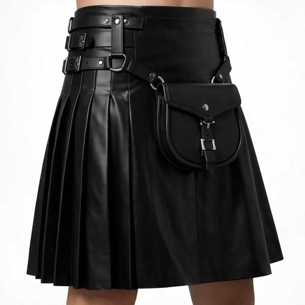 Mens Black Sheepskin Leather Kilt with Sporran