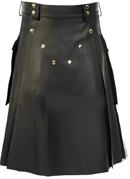 Mens Black Sheepskin Leather Utility Kilt with Gold Buttons