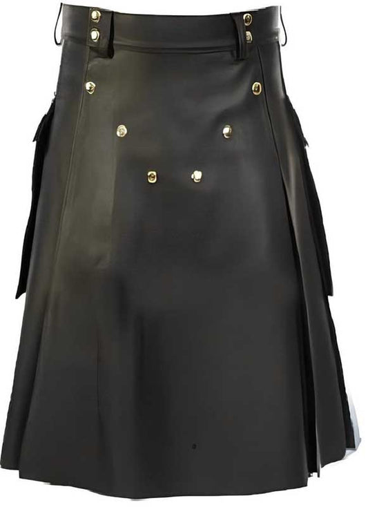 Mens Black Sheepskin Leather Utility Kilt with Gold Buttons