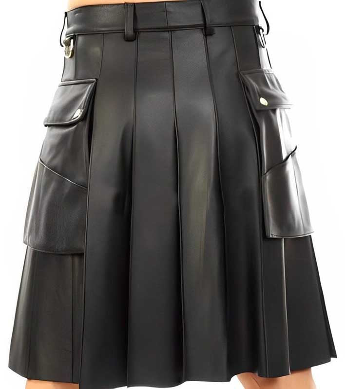 Mens Black Sheepskin Leather Utility Kilt with Gold Buttons