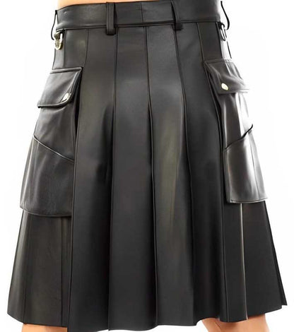 Mens Black Sheepskin Leather Utility Kilt with Gold Buttons