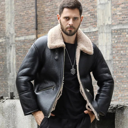 Men's Black Sheepskin Shearling Motorcycle Jacket - Stylish Short Winter Coat