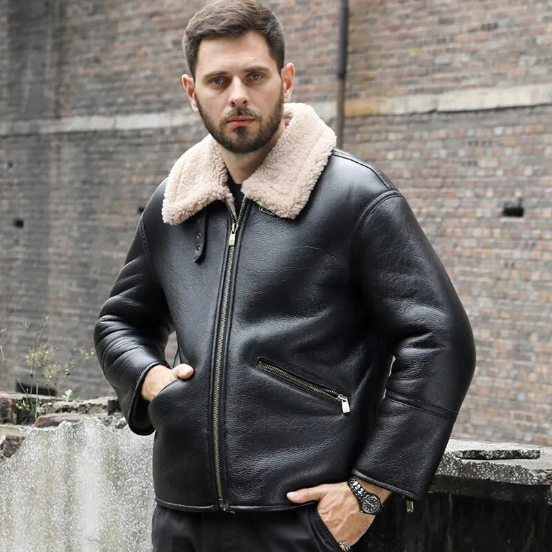 Men's Black Sheepskin Shearling Motorcycle Jacket - Stylish Short Winter Coat