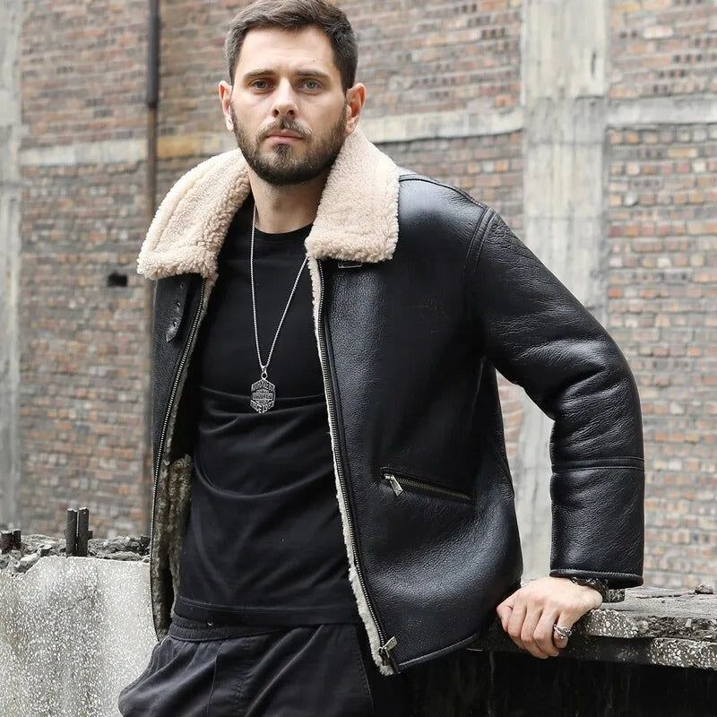 Men's Black Sheepskin Shearling Motorcycle Jacket - Stylish Short Winter Coat