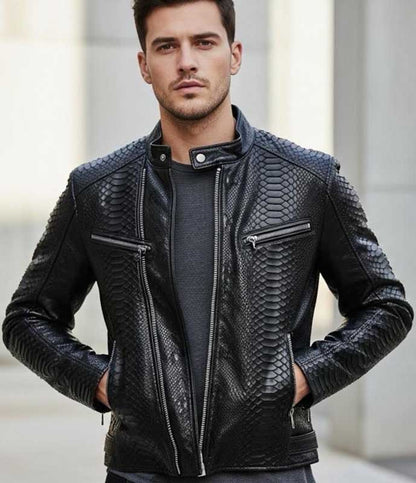 Mens Black Snake Pattern Leather Biker Jacket