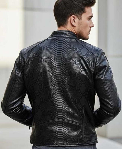 Mens Black Snake Pattern Leather Biker Jacket