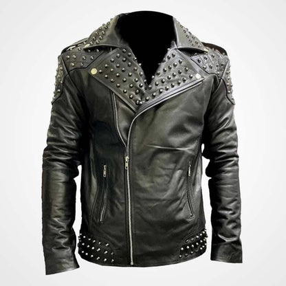 Men’s Black Studded Cowhide Leather Motorcycle Jacket