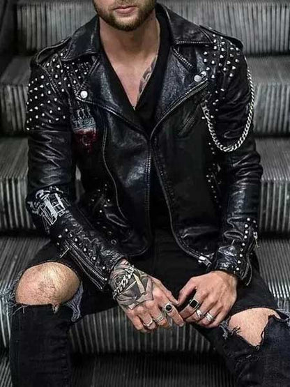 Mens Black Studded Spike Leather Brando Biker Jacket